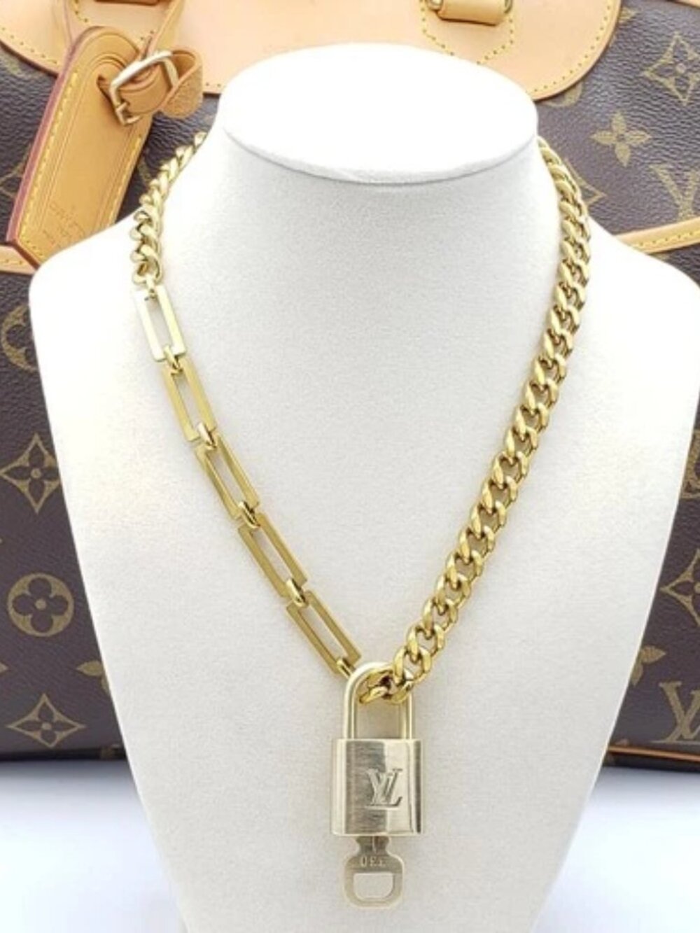 Stainless Steel Gold-Plated Necklace with Authentic Louis Vuitton Padlock